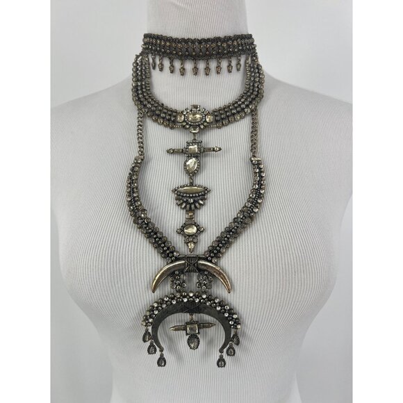 Free People Multilayered Antiqued Silver & Rhinestone Necklace - Picture 4 of 16